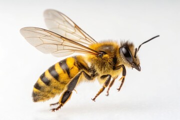 Bee in Flight Showcasing Its Yellow and Black Striped Body Detail