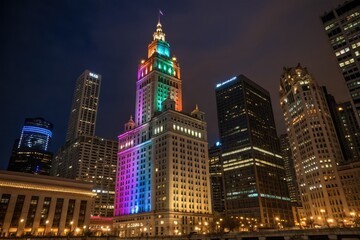 Obraz premium City Skyline at Night With Colorful Lights Illuminating a Tall Building