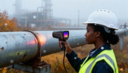 Female engineer inspecting an industrial pipeline with thermal imaging camera. Professional worker using thermography for maintenance at a foggy refinery. Non-destructive testing and safety technology