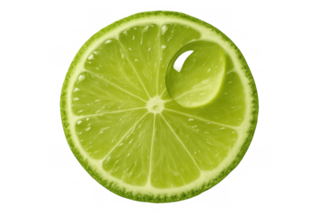 Fresh green lime fruit slice with a refreshing juicy water drop, natural vibrant citrus on transparent background