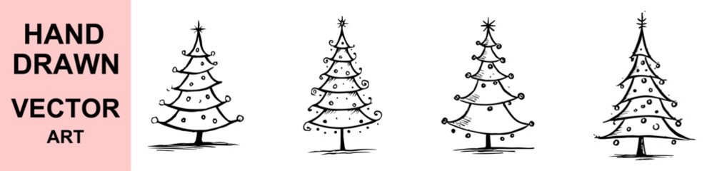 Cute hand drawn Christmas tree vector illustration set with minimalist line art design, festive pine trees sketch collection, simple doodle holiday decoration for greeting cards.