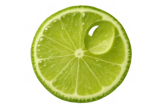 Fresh green lime fruit slice with a refreshing juicy water drop, natural vibrant citrus on transparent background