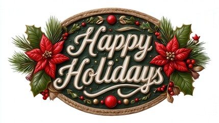 3d Round logo for a t-shirt design with the words "Happy Holidays" featuring an illustration of classic Christmas elements like holly, christmas trees, ornaments. banner sign, solid white