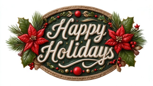 3d Round logo for a t-shirt design with the words "Happy Holidays" featuring an illustration of classic Christmas elements like holly, christmas trees, ornaments. banner sign, solid white