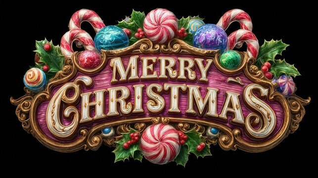 3d Round logo for a t-shirt design with the words "Merry Christmas" in victorian text, featuring an illustration of classic  like candy canes and holly, christmas trees, ornaments, banner sign