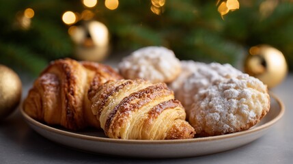 Fototapeta premium Assorted Christmas pastries displayed on a plate, featuring croissants and powdered treats, beautifully arranged with festive decorations and warm bokeh lights in the background