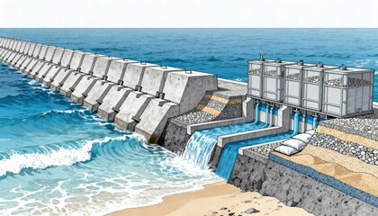 Coastal stormwater drainage system with reinforced barriers and filtration units designed to prevent flooding and protect marine ecosystems from runoff pollution.