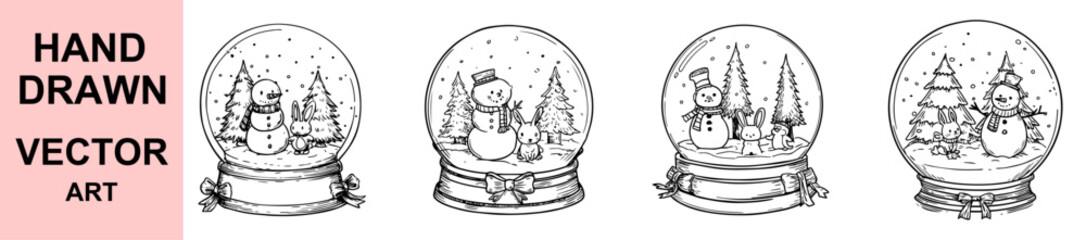 Hand drawn snow globe vector illustration with snowman, bunny, pine trees, and snowflakes, perfect for Christmas, winter holidays, festive decorations, greeting cards, and seasonal artwork.