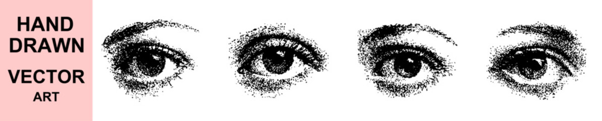 Detailed hand drawn human eyes stipple vector art illustration, vintage ink style design for tattoo, sketch, anatomy, fashion, beauty, realism, and classic retro artwork.