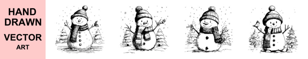 Hand drawn snowman vector illustration with hat, scarf, trees, and snowfall, perfect for Christmas greeting cards, winter holiday decor, festive print, and seasonal artwork.