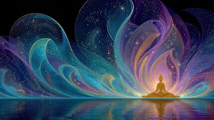 Meditating Buddha Surrounded by Vibrant Cosmic Waves Over Calm Water At Night, A Spiritual Dreamscape
