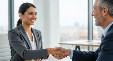 Professional caucasian man and woman shaking hands in modern office setting