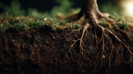 Close up Of Earth Soil And Tree Roots With Greenery In Sunlight