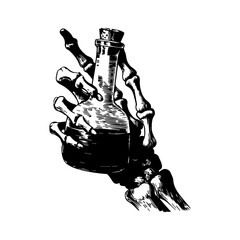 Skeleton hand holding potion bottle vector illustration, gothic vintage engraving art, spooky alchemy design, occult apothecary bottle drawing perfect for tattoo, Halloween, witchcraft, and dark decor