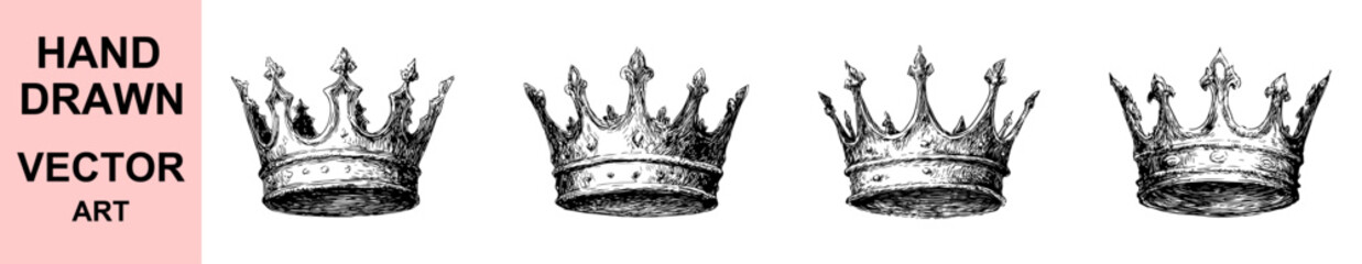 Vintage crown vector illustration set, hand drawn royal headpiece collection, antique line art engraving of king crowns, perfect for luxury branding, heraldic emblems, and classic design.