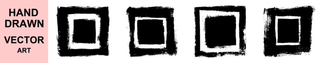 Grunge brush frame vector illustration, abstract textured square ink border design, handmade black paint stroke art, modern background element for posters, graphic layouts, and creative compositions.