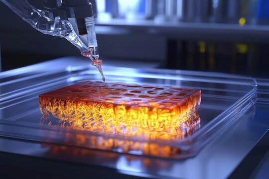 Liquid polymer being injected into transparent rectangular mold in laboratory setting