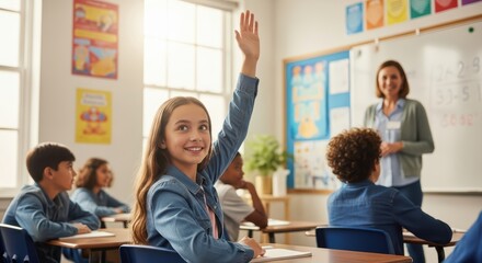 Engaged young students participating in classroom with caucasian female teacher