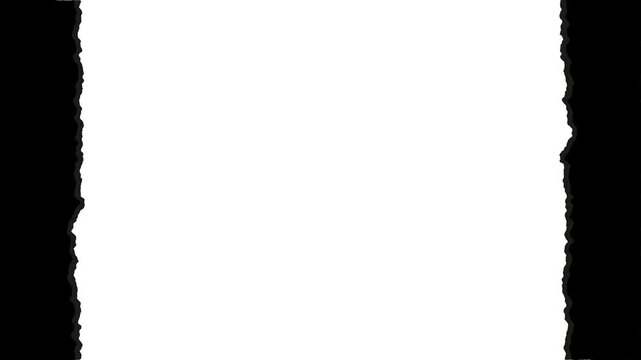 Black torn paper edge transition animation with rolling effect open and close moving vertical make side frame on white background and green screen. 4K ripped paper animated for transitions and frame.