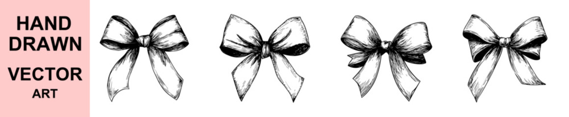Beautiful hand drawn ribbon bow vector illustration in vintage sketch style, perfect for packaging design, gift wrapping, celebration decorations, and elegant graphic design artworks.