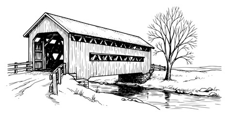 Covered wooden bridge over creek in winter landscape &ndash; vintage illustration