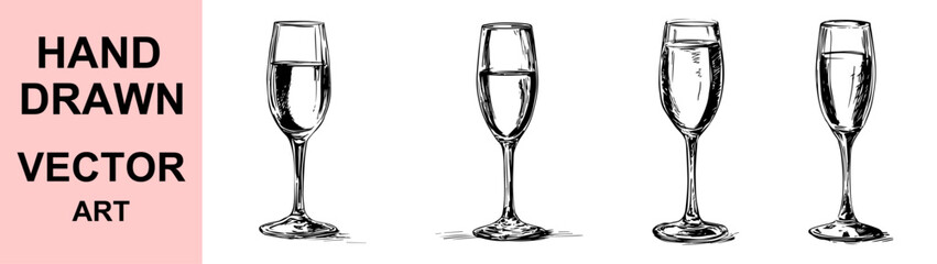 Elegant hand drawn wine glass vector illustration with intricate sketch details, vintage barware design perfect for restaurant branding, drink menu, celebration, and luxury graphic artworks.