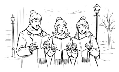 Group of Christmas carolers singing outdoors under street lamp – vintage illustration