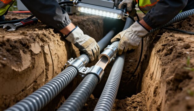 Closeup on hands securing flexible conduits in a trenchless borehole for efficient underground cable management and infrastructure development.