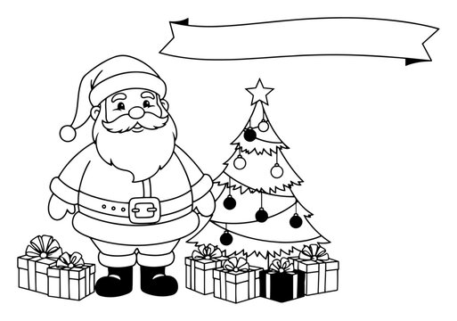 Santa Claus with gifts and tree under blank ribbon banner – customizable holiday design
