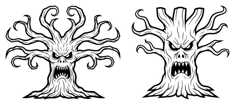 Scary haunted trees with evil faces – spooky Halloween illustration set