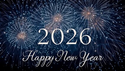 happy new year 2026 animation video clip design fireworks night dark background business content company 4k celebration creative light show festive party display digital motion graphic visual event - Powered by Adobe
