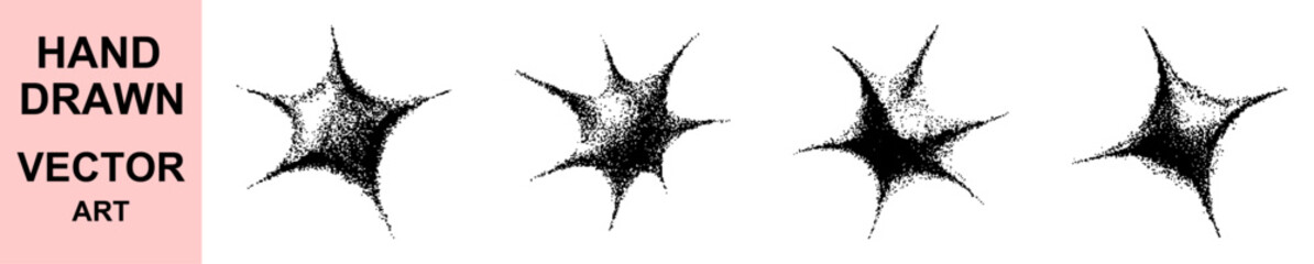 Detailed hand drawn halftone sparkle vector art illustration with textured shading, retro pop art dot style starburst design, vintage comic explosion, minimalist black ink star symbol.