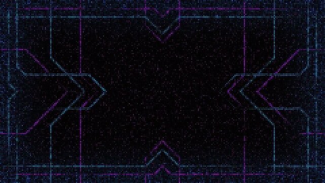 Abstract led flashing lights panel backdrop set, arrows shape on a empty border background, seamless loop video animation. Bulb, lamps, wall of lights motion graphics.