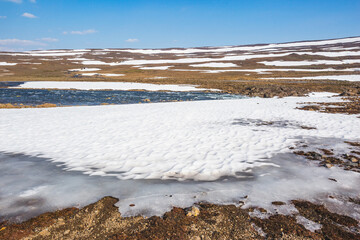Melting water on Putorana Plateau, Taimyr. Russia