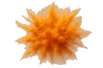 Orange powder explosion creating vibrant dust cloud against transparent background, celebrating creativity and energy