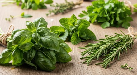 Fresh assorted herbs on wooden table: basil, mint, and rosemary display