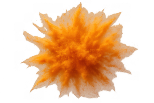 Orange powder explosion creating vibrant dust cloud against transparent background, celebrating creativity and energy