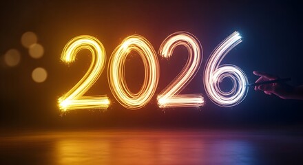 Glowing 2026 year with light trails and a hand reaching out in a dynamic and vibrant composition