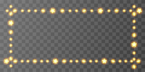 Light garland rectangular frame. Fairy star straight string, shiny decor border. Vector transparent bulb festoon, holiday party invitation. Christmas golden glitter chain, festive ramadan led pattern