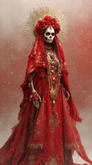 Obraz premium Santa Muerte. Skeleton in a dress with a painted face for the Day of the Dead in Mexico. Death in a red dress with a flower wreath on her head. Day of the Dead. Halloween. Portrait of Santa Muerte