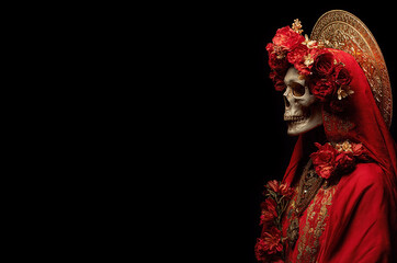 Fototapeta premium Portrait of Santa Muerte on a black background. Skeleton in a dress with a painted face for the Day of the Dead in Mexico. Death in a red dress with a flower wreath on her head. Halloween