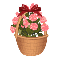 A bouquet of pink roses in a basket tied with a bow. Vector illustration isolated on a white background.