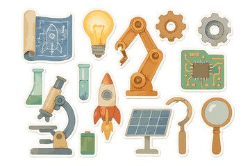 Watercolor Invention Stickers. Invention concept kit. Realistic hand-painted watercolor style sticker sheet of