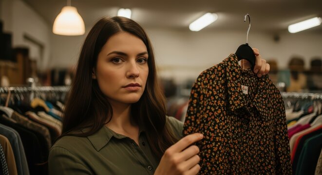 Young caucasian female shopping for clothes in thrift store