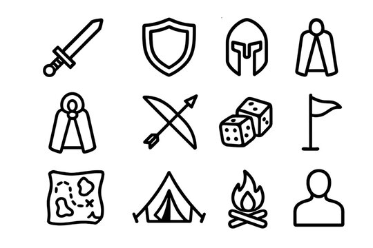 LARP Icon Collection. LARP accessories. Line outline icon set of LARP accessories: sword, shield, helmet,