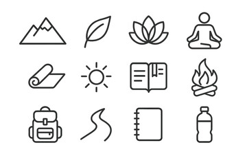 Nature Retreat Icons. Nature leadership retreat. Line outline icon set of nature leadership retreat: mountain,