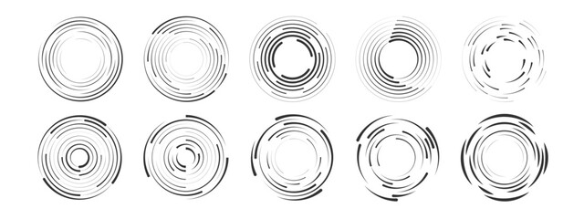 Set of circular wave ripple elements. Abstract sound waves, radio signal, or water splash rings. Isolated vector design on white background for technology or audio concept.