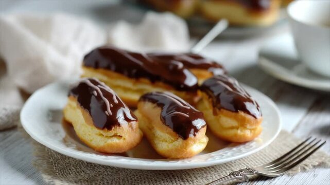 Chocolate eclairs with whipped cream on white plate. Classic delicious French sweet dessert on the table, homemade bakery