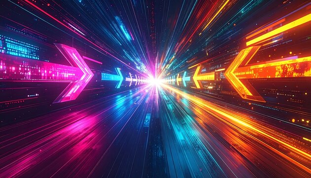 Abstract Digital Arrows and Light Trails, Futuristic Design.