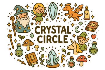 Mystical Crystal Circle. Crystal Circle. Hand-drawn doodle illustration of crystal circle. Wizards, fairies,